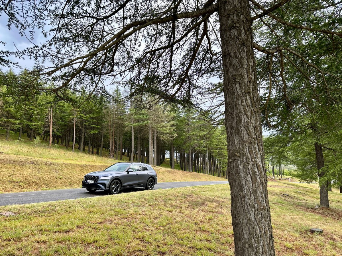 Genesis GV70 on a tree-lined road