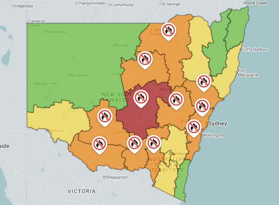 fire danger ratings map of NSW and ACT