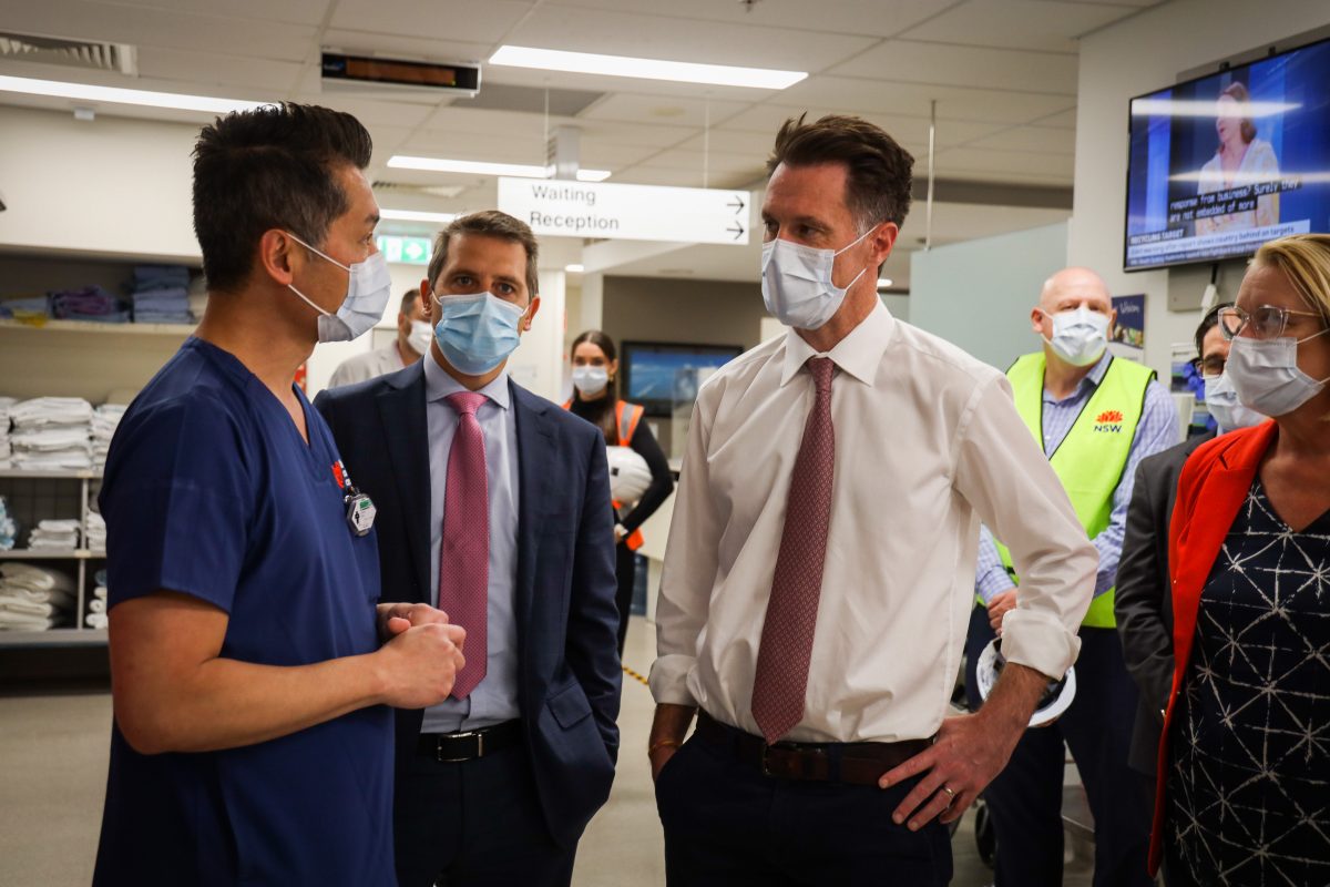Minister for Health Ryan Park and Premier Chris Minns speaking with staff at Wollongong Hospital