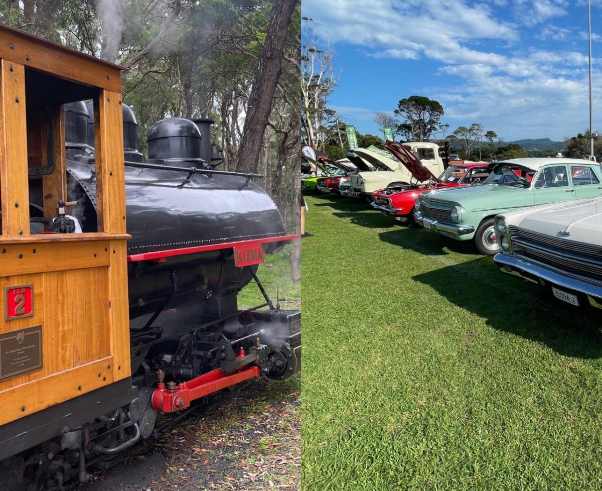 Composite of tram and vintage cars at Illawarra Light Rail Museum