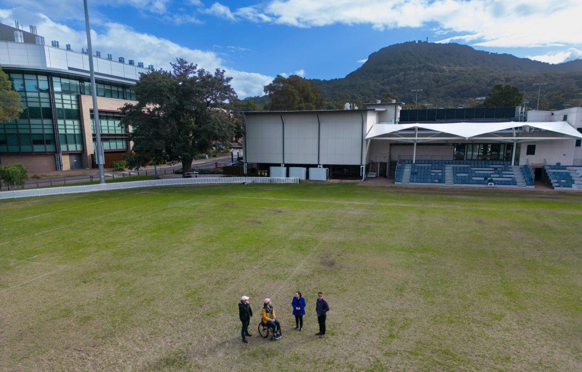 Yours and Owls Festival. Aerial shot of people on football field at UOW.