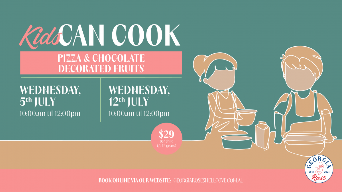 Flyer for Kids Can Cook workshops at Georgia Rose depicting stylised images of kids cooking