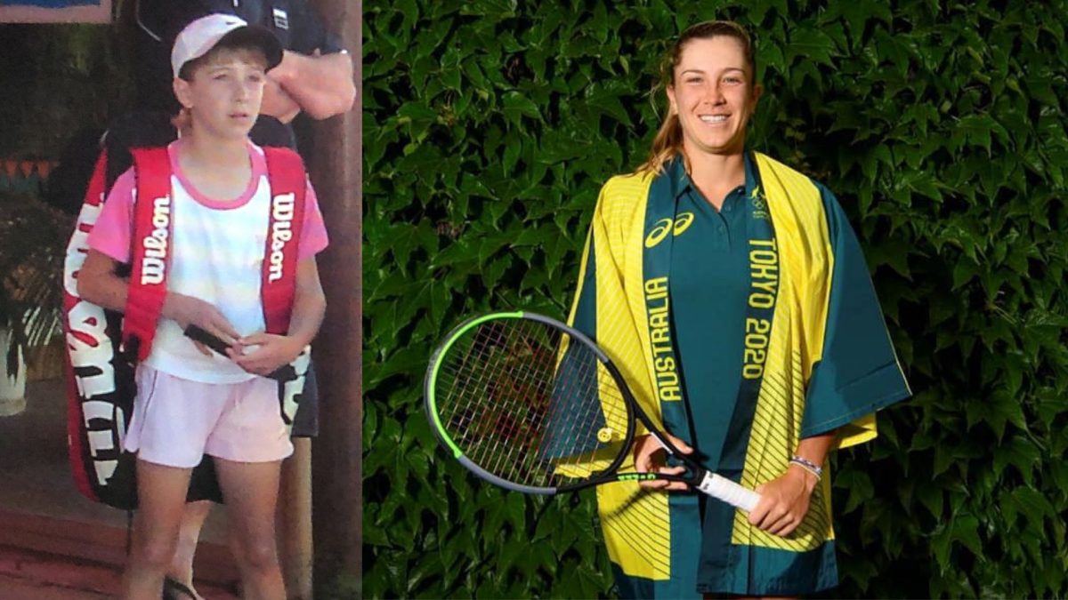 Shellharbour tennis star Ellen Perez as a young tennis player and her in Olympic gear for 2020 Tokyo.