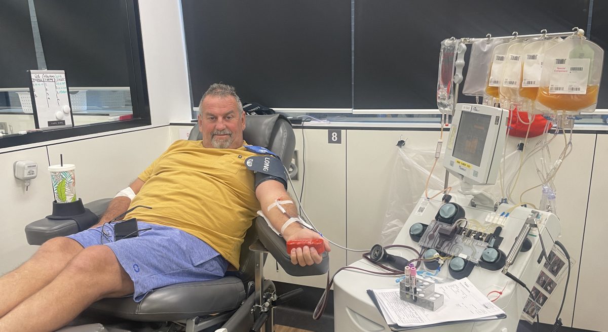 Trevor Bates donating platelets at Wollongong Blood Donor Centre.