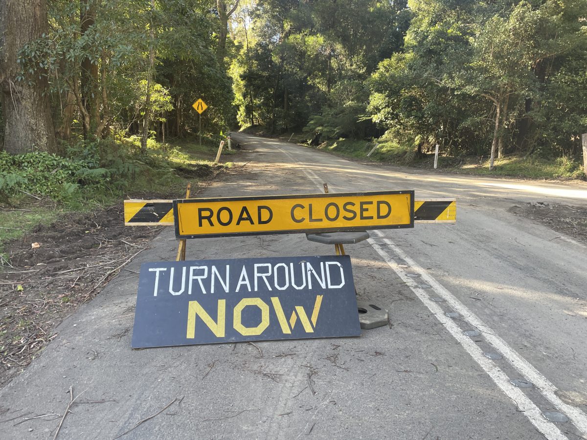 Road closed sign on north side of Jamberoo Mountain Road.