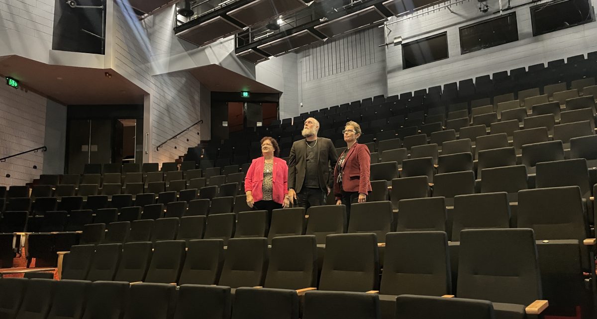 Wollongong City Council Acting Lord Mayor Tania Brown, Merrigong Theatre Company Acting Artistic Director Leland Kean and Merrigong Theatre Company General Manager Rachel Francis inspect the renovations at the IPAC.