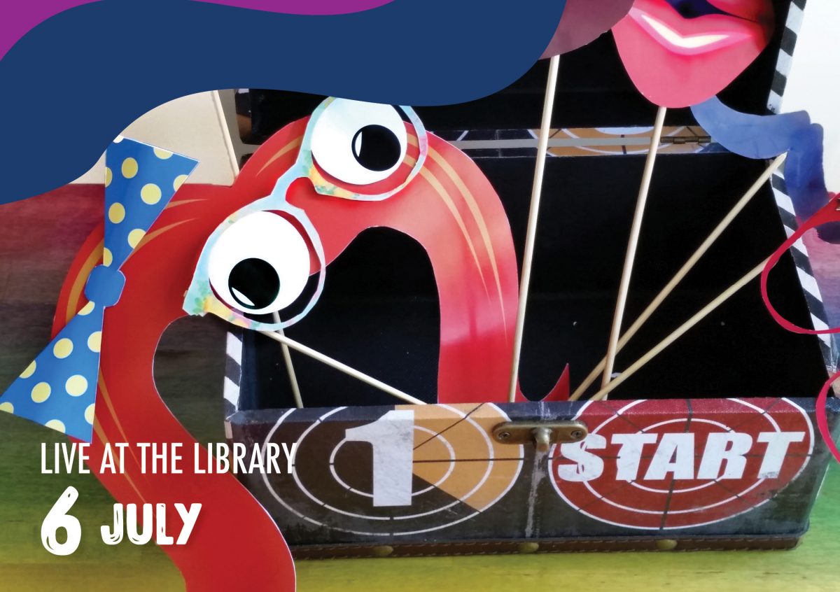 Flyer for Live at the Library Warilla featuring props for a photo booth