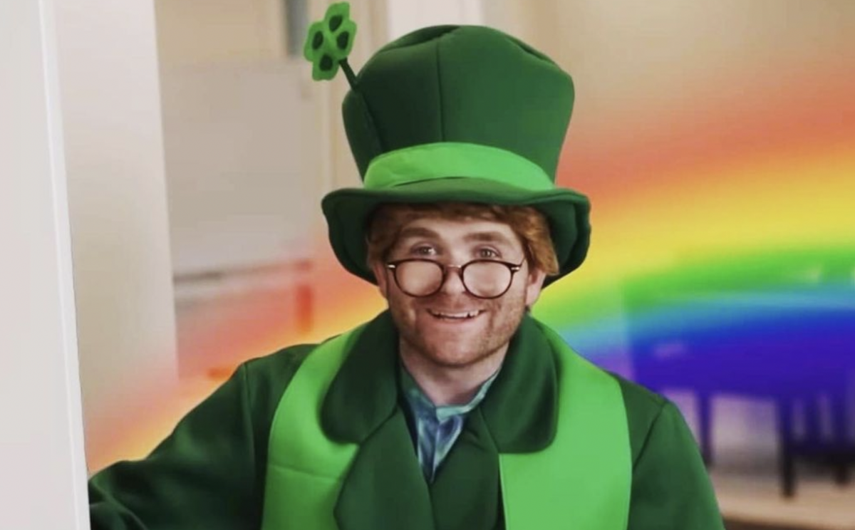 Leigh Joel Scott dressed as a leprechaun for youtube video.