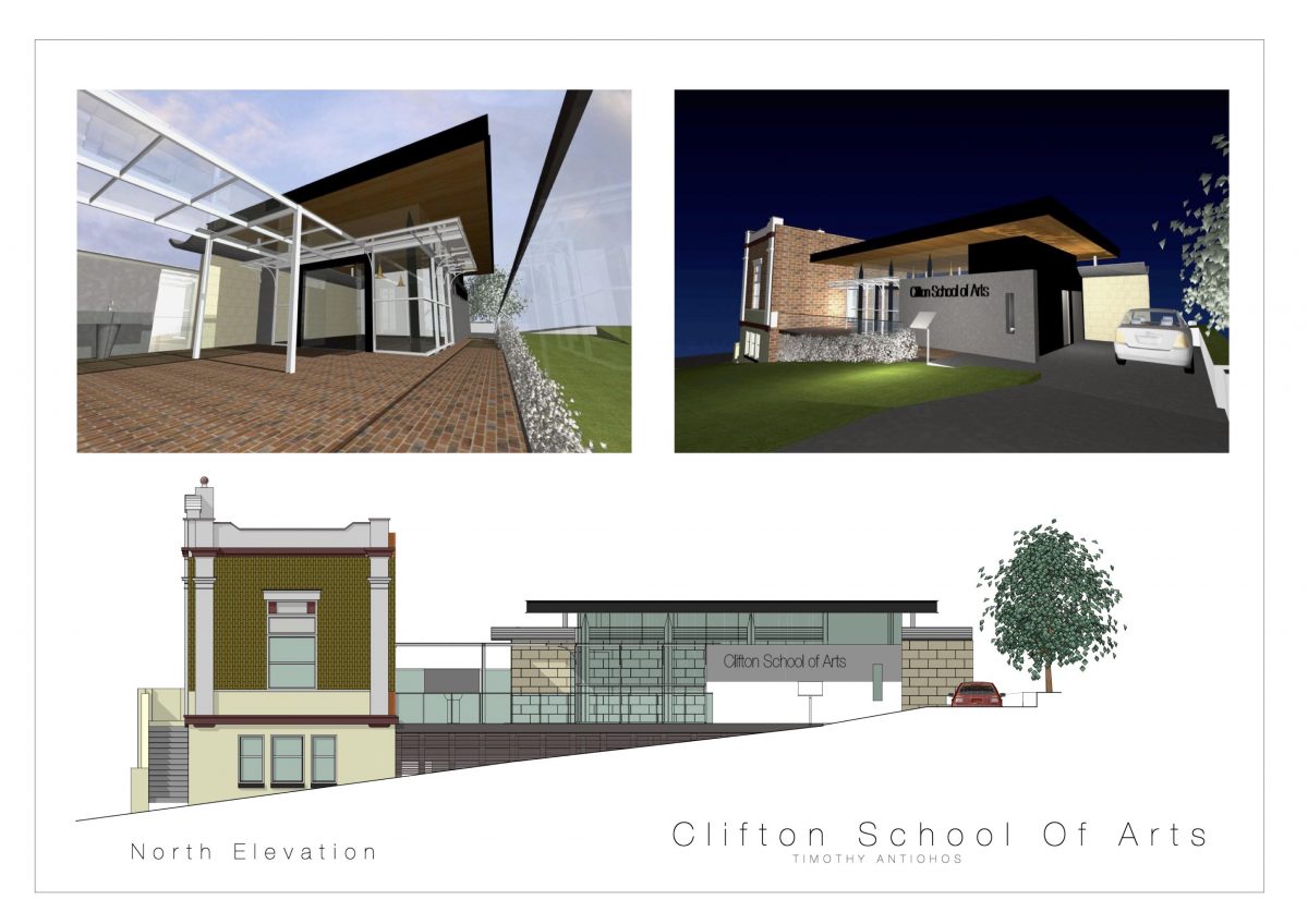 Digital renders and architectural drawings of the Clifton School of Arts extension