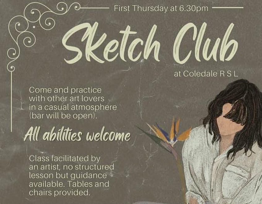 Flyer for Coledale RSL Sketch Club featuring a sketch of a faceless girl with dark hair and a white shirt
