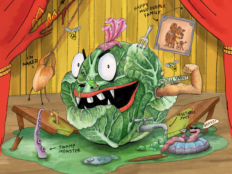 Illustration by Terry Denton for the book Just, depicting an angry monster cabbage
