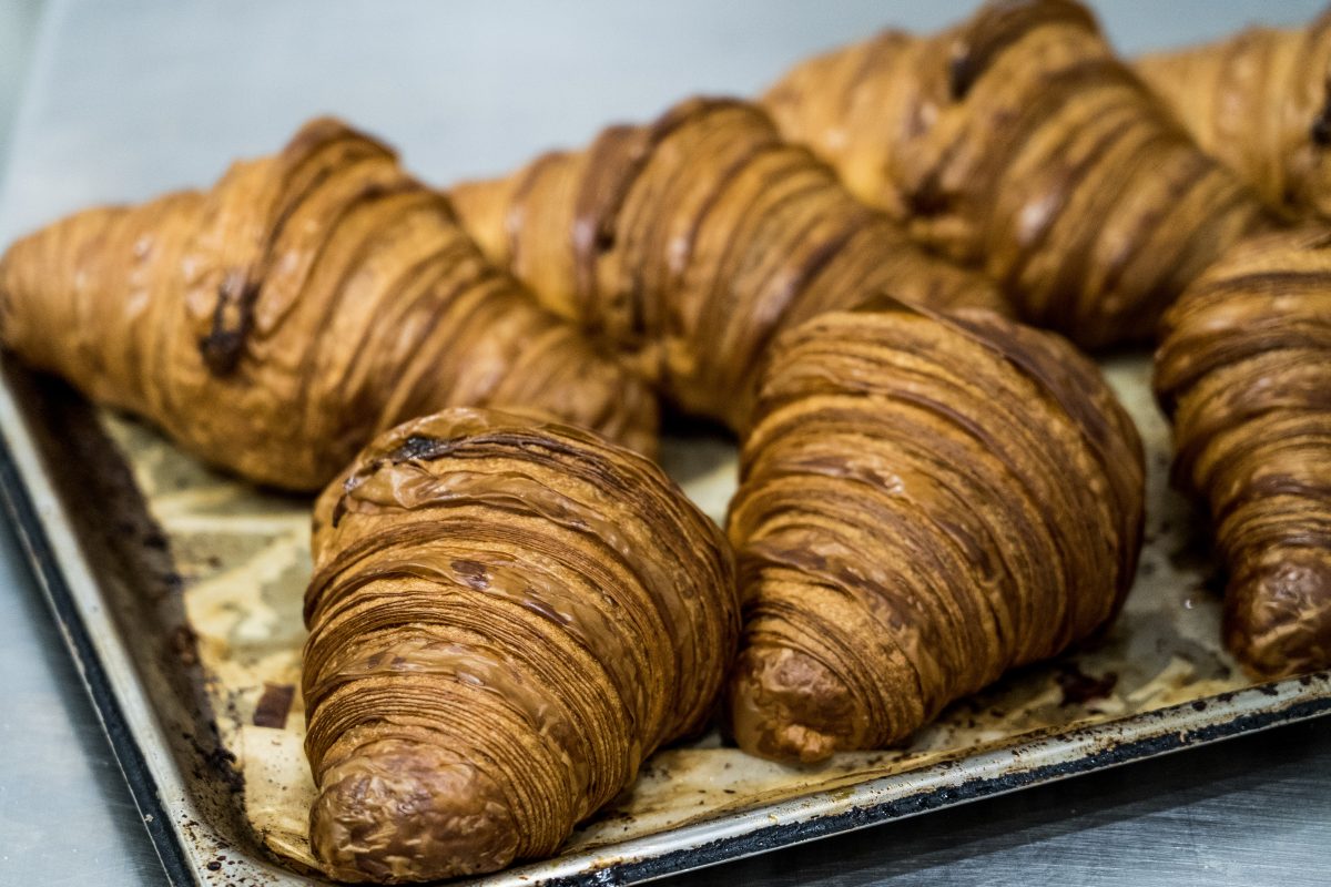 Croissants close up on a tray