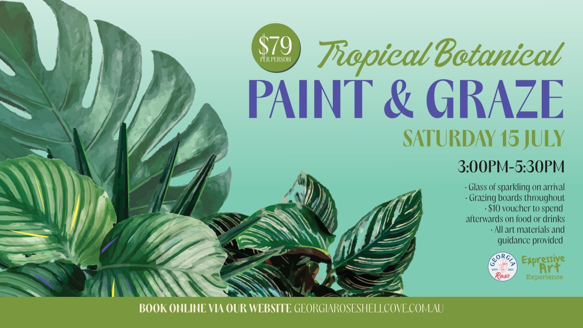 Flyer for paint and graze event depicting lush tropical foliage