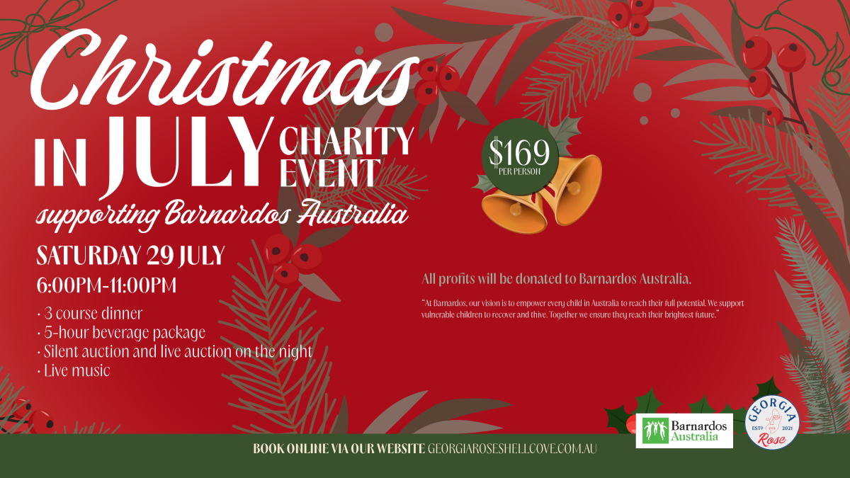 Flyer for Christmas in July lunch for Barnados Australia with red background and festive foliage