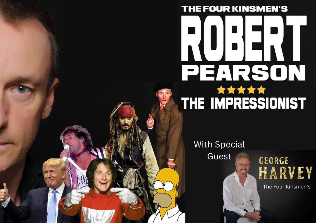 Flyer featuring impressionist Robert Pearson and a collage of characters such as Homer Simpson and Jack Sparrow