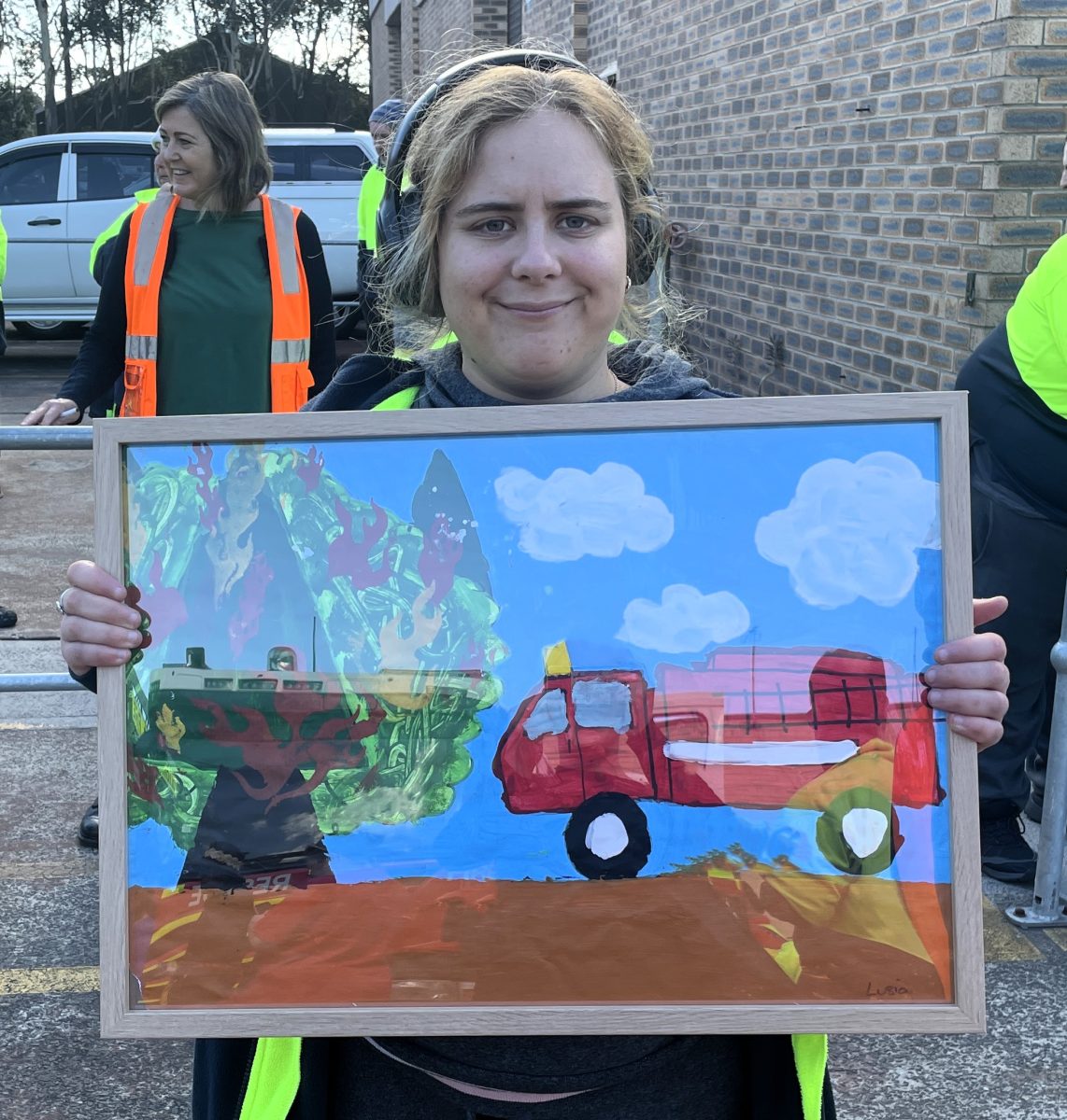 Painting of firetruck and burning tree with Greenacre artist.