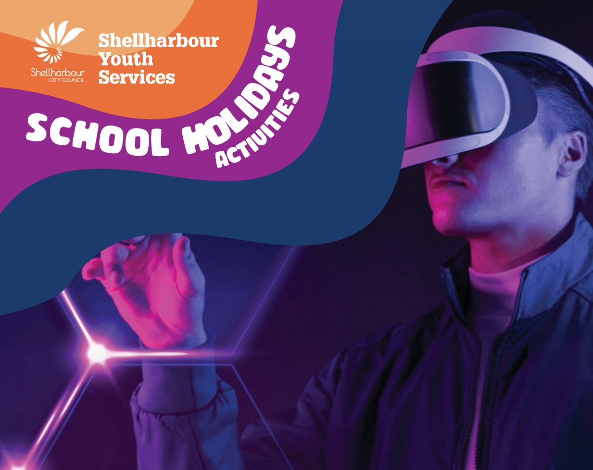 Flyer for school holidays youth activities depicting teen using virtual reality technology