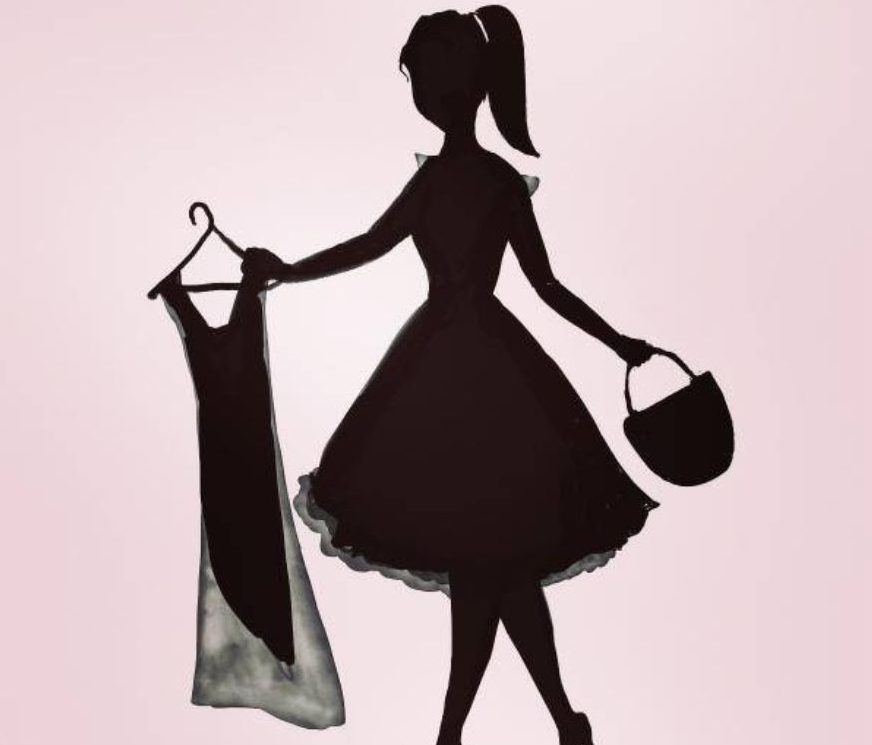 Logo depicting silhouette of girl carrying a handbag and dress on a coat hanger against a pink background