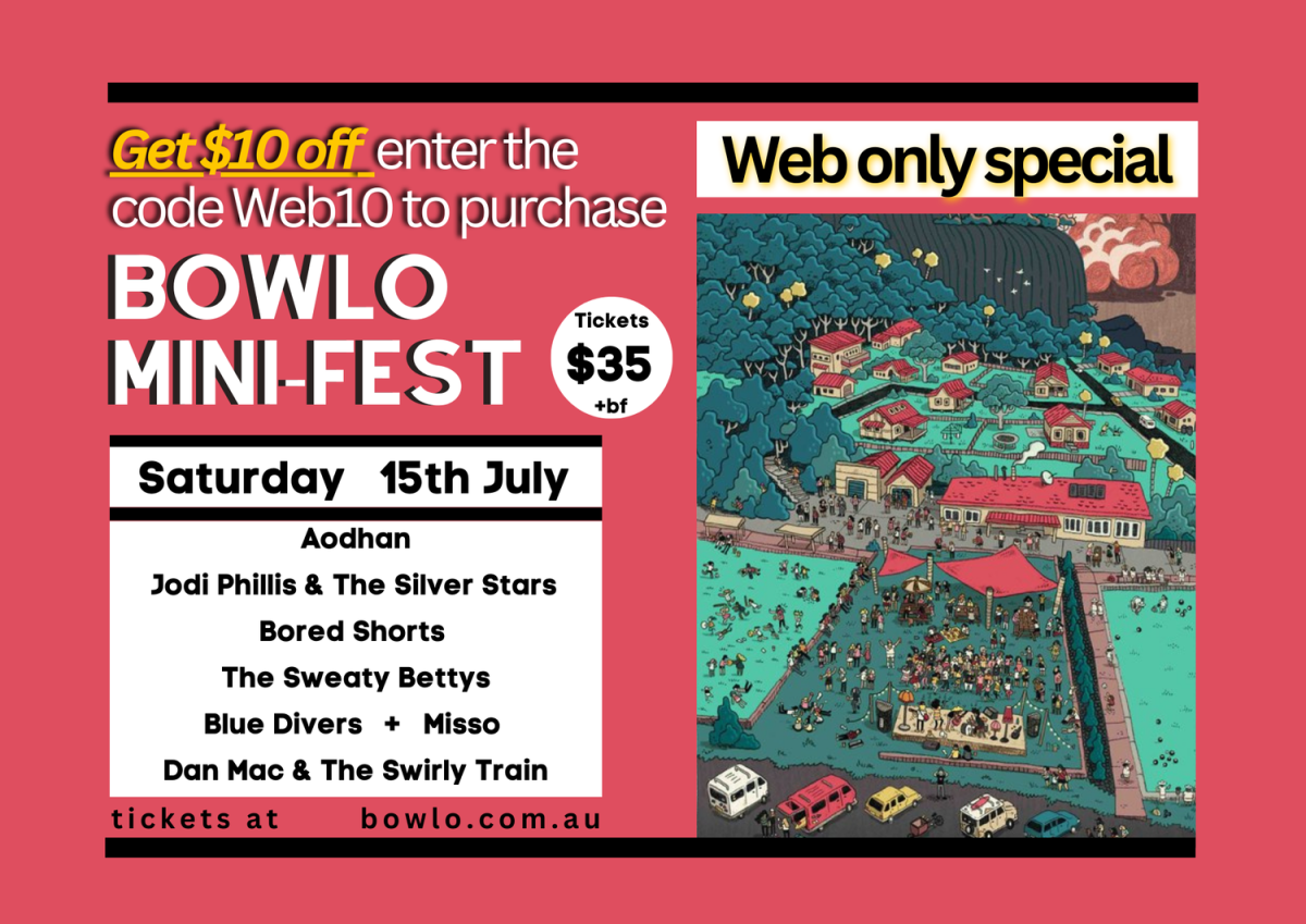 Flyer for Wombarra Bowlo Mini Fest with illustration of the bowlo with live musicians on the green
