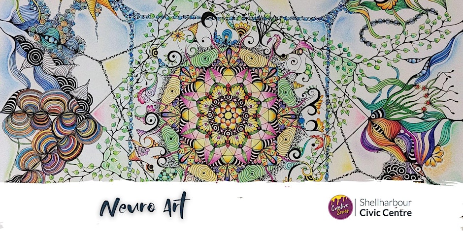 Banner for neuro art workshop featuring a colourful mandala