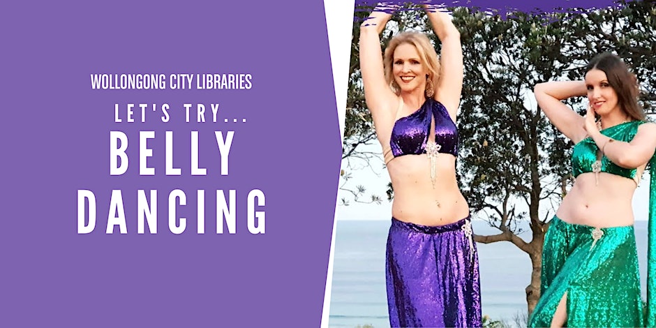 Banner for belly dancing workshop at Thirroul Library featuring two women in belly dancing costumes in front of a beach