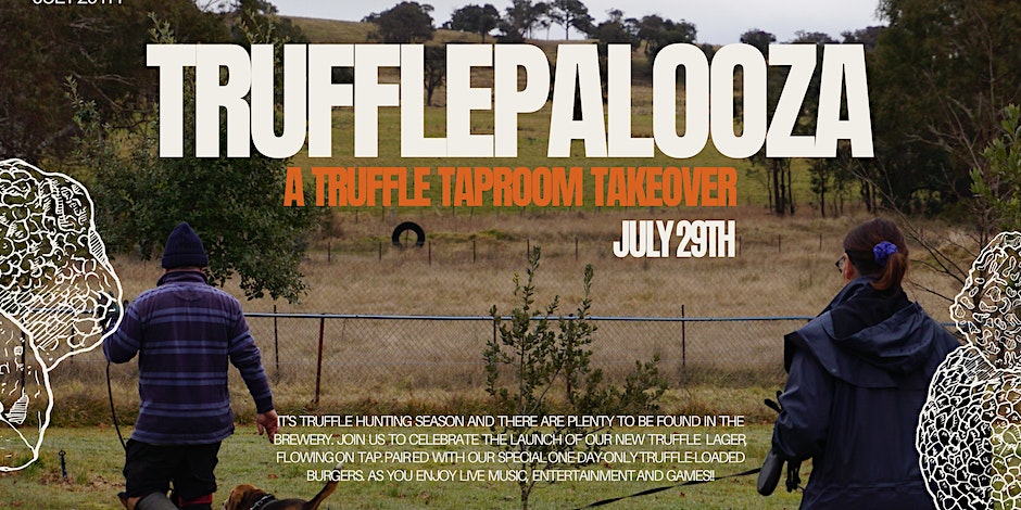 Flyer for Trufflepalooza featuring two people walking in a field with a truffle hunting dog