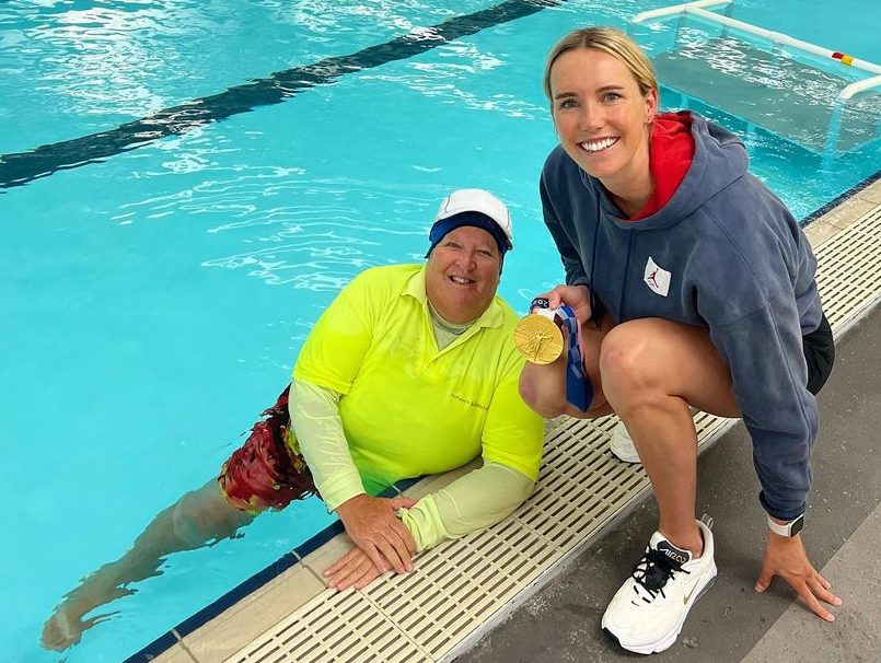 Lorraine Breska and Emma McKeon at McKeon's Swim centre pool.