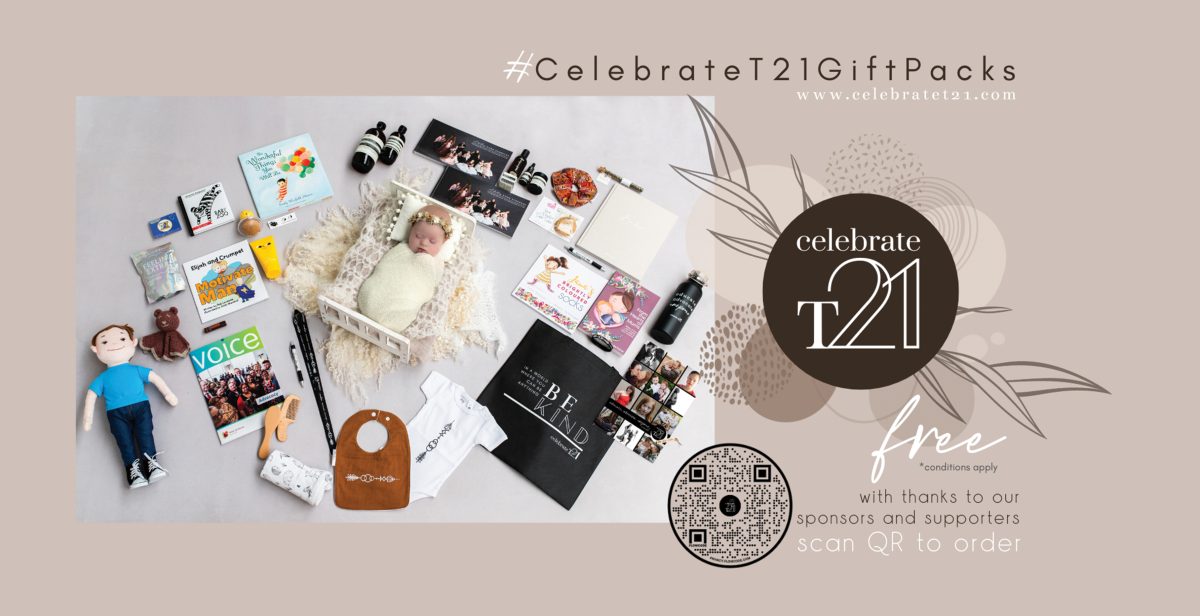 Celebrate T21 gift packs including books and presents for new parents.