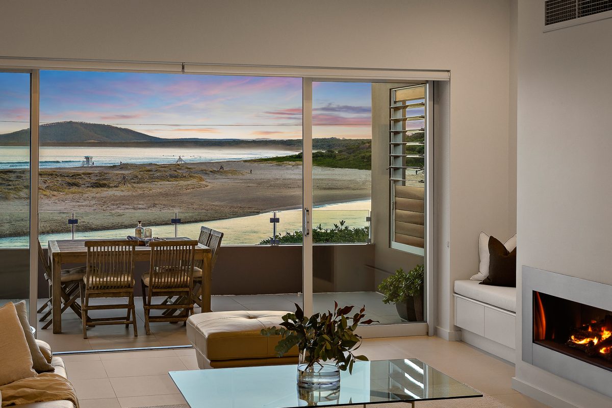 Beach and mountain views from the lounge room at 39 Burke Parade, Gerroa 
