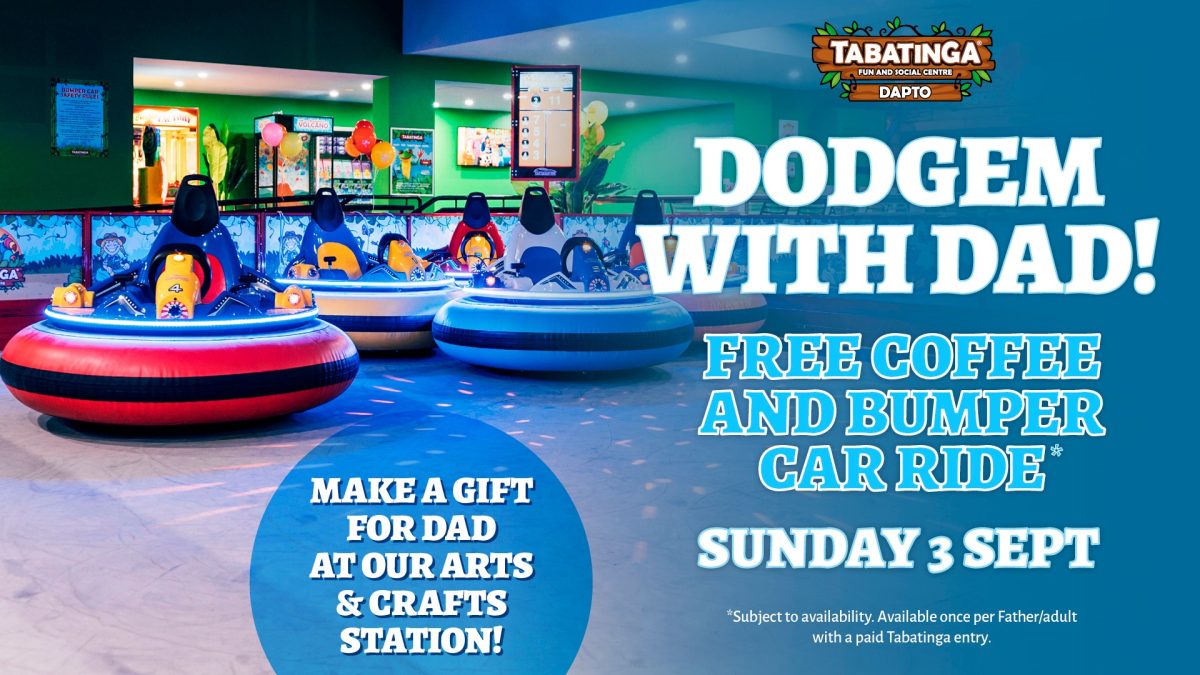 Flyer for Father's Day at Tabatinga play centre in Dapto featuring people riding dodgem cars