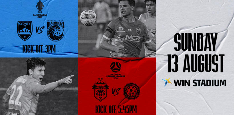 Flyer for football game at WIN Stadium featuring players from Sydney FC and South Coast Mariners