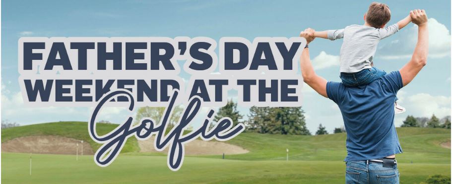 Flyer for Kiama Golf Club Father's Day event featuring a boy sitting on the shoulders of his dad on a golf green