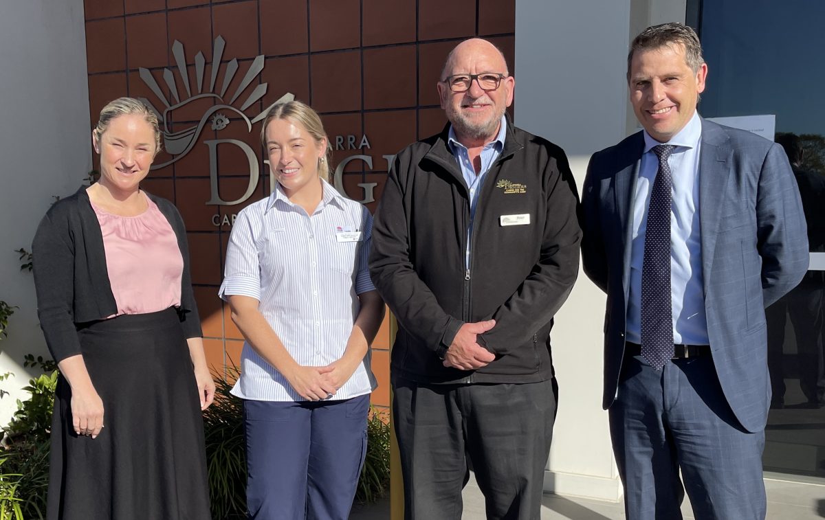 NSW Health Minister Ryan Park (far right) at the roll-out of the new Aged Care Outreach Service with Warrigal Acting CEO Alissa Walsh, ACOS Nurse Unit Manager Tara Grant and Illawarra Diggers CEO Peter Whittall.