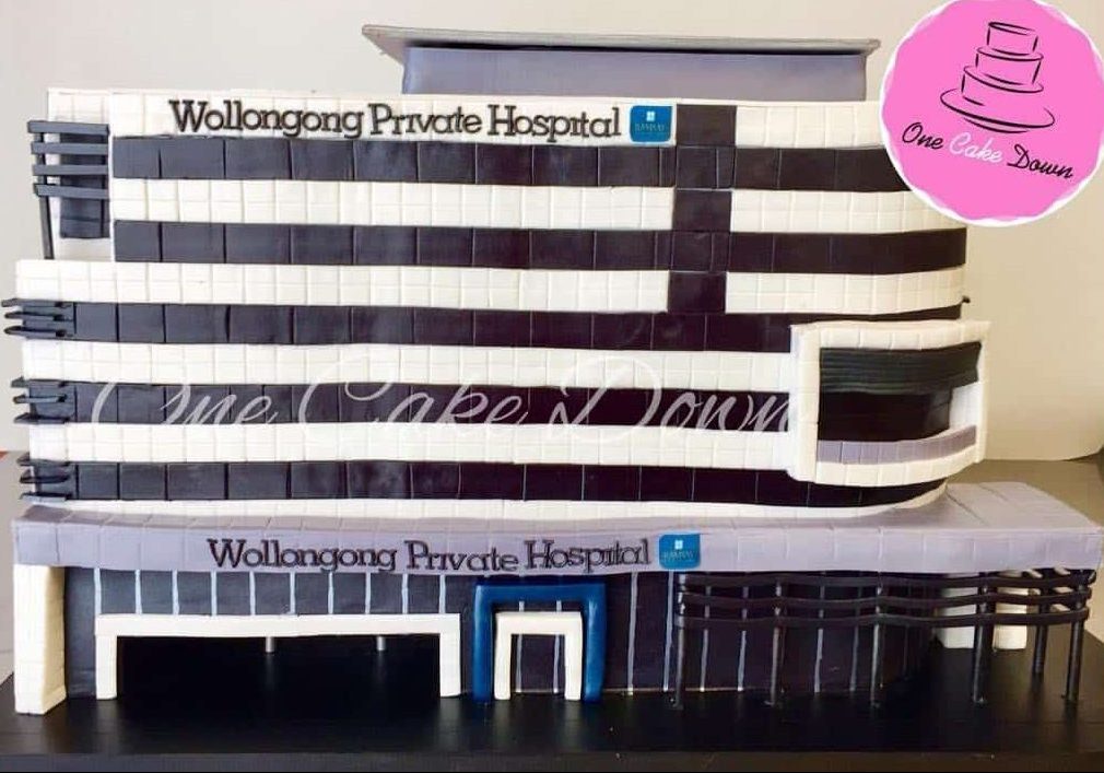 Cake replica of Wollongong Private Hospital.