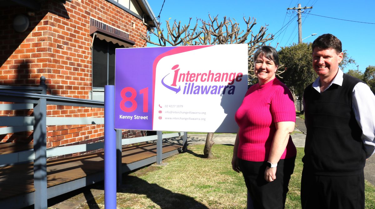 Kylie White and Jake Pearson standing outside the Illawarra Interchange office.