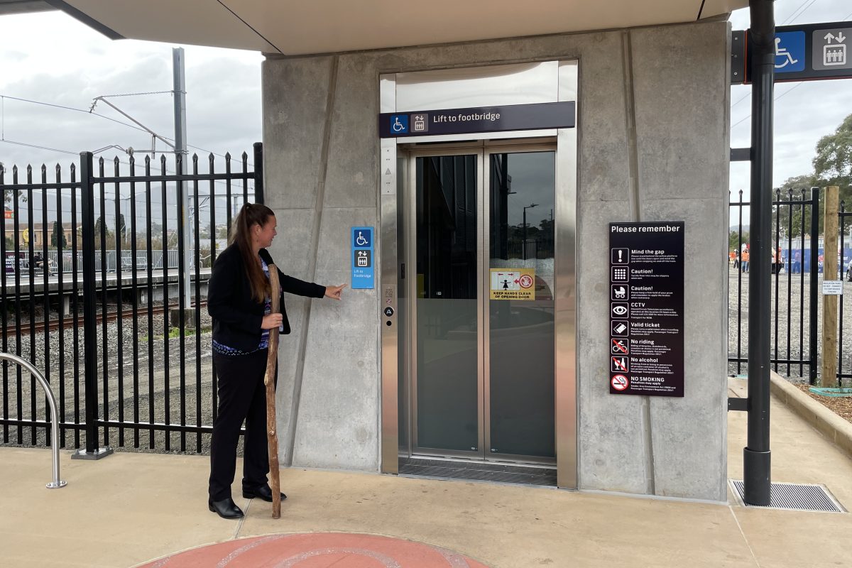 Rebecca Schmidt-Lachlan at lift at Unanderra train station.