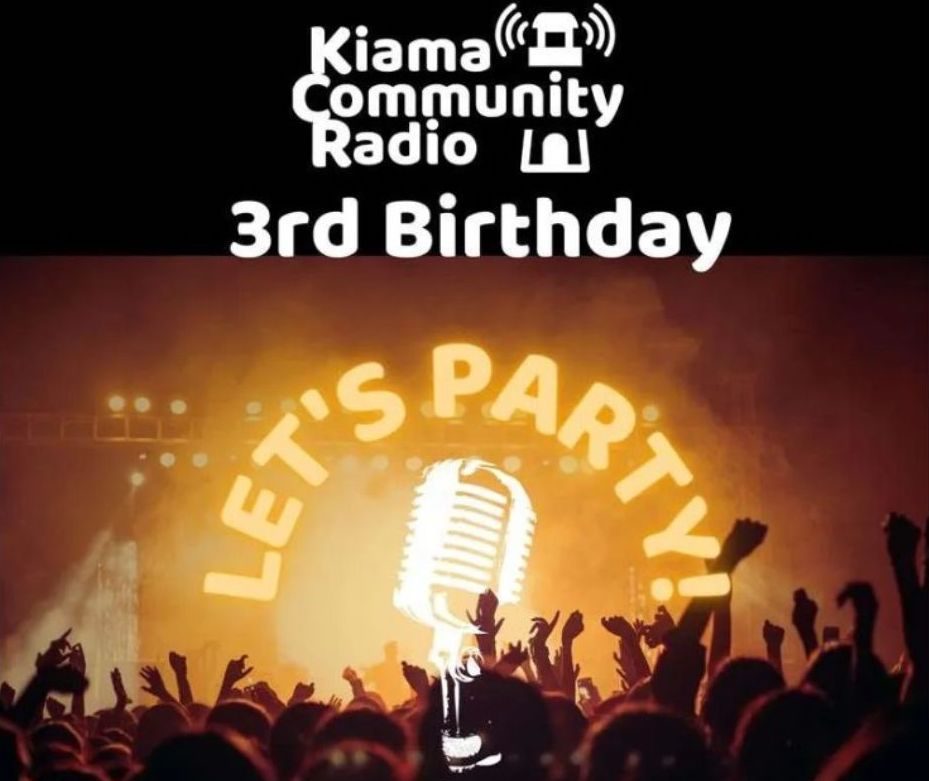 Flyer for Kiama Community Radio 3rd birthday party depicting a crowd dancing in a mosh pit