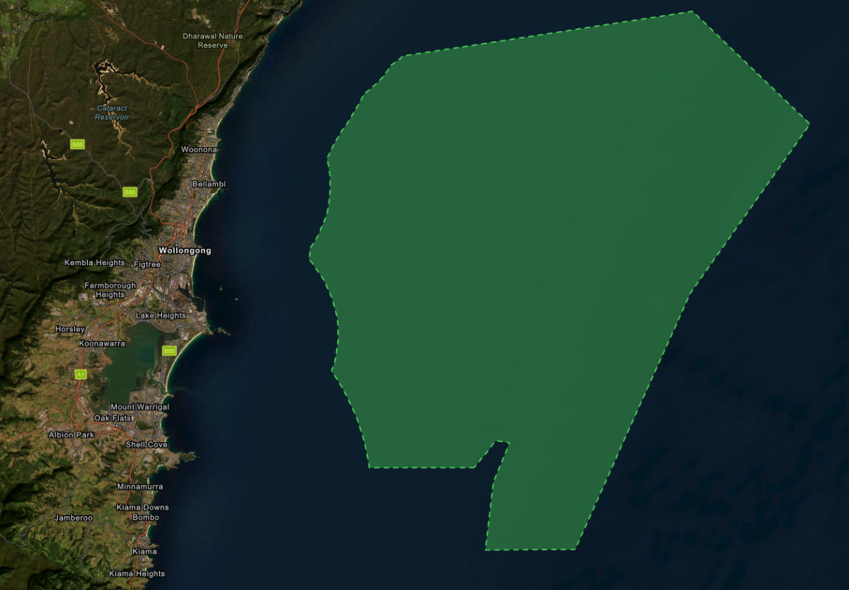 A map showing the proposed offshore energy zone from Wombarra to Kiama.