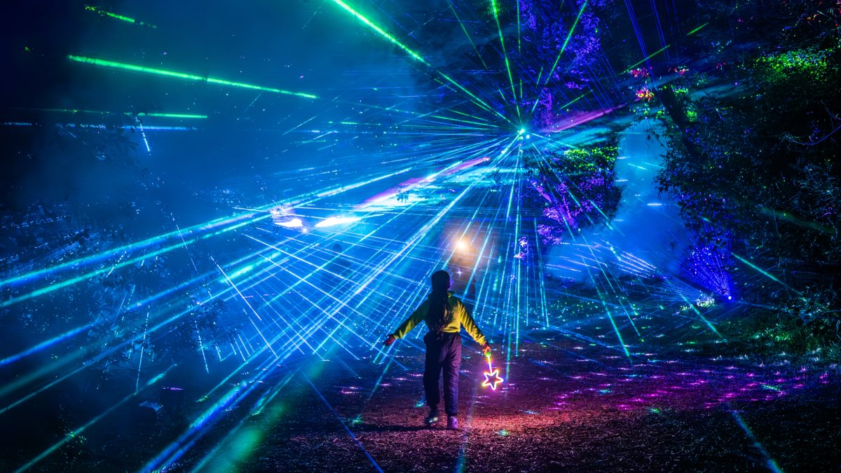 Child stands in laser lights at The Enchanted Forest light and sound spectacle at Shellharbour's Blackbutt Forest Reserve