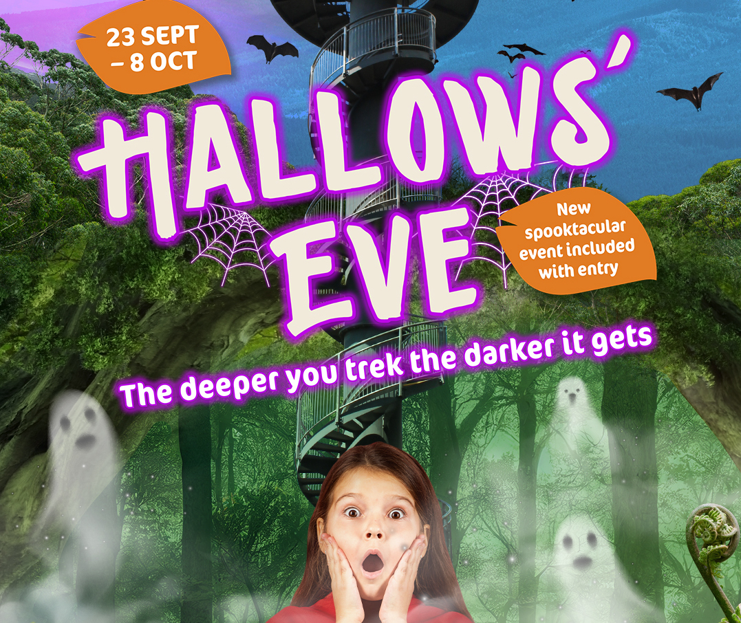 Flyer for Halloween event at Illawarra Fly featuring ghosts and a young girl who looks spooked