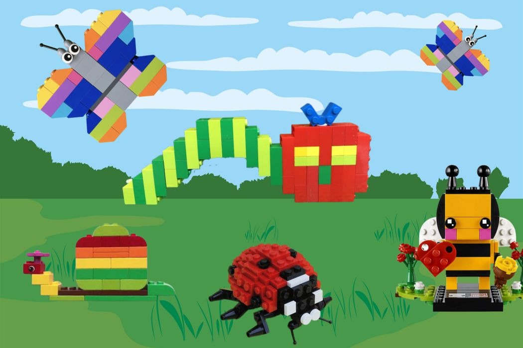 Lego bugs superimposed onto a digital background of grass and blue sky