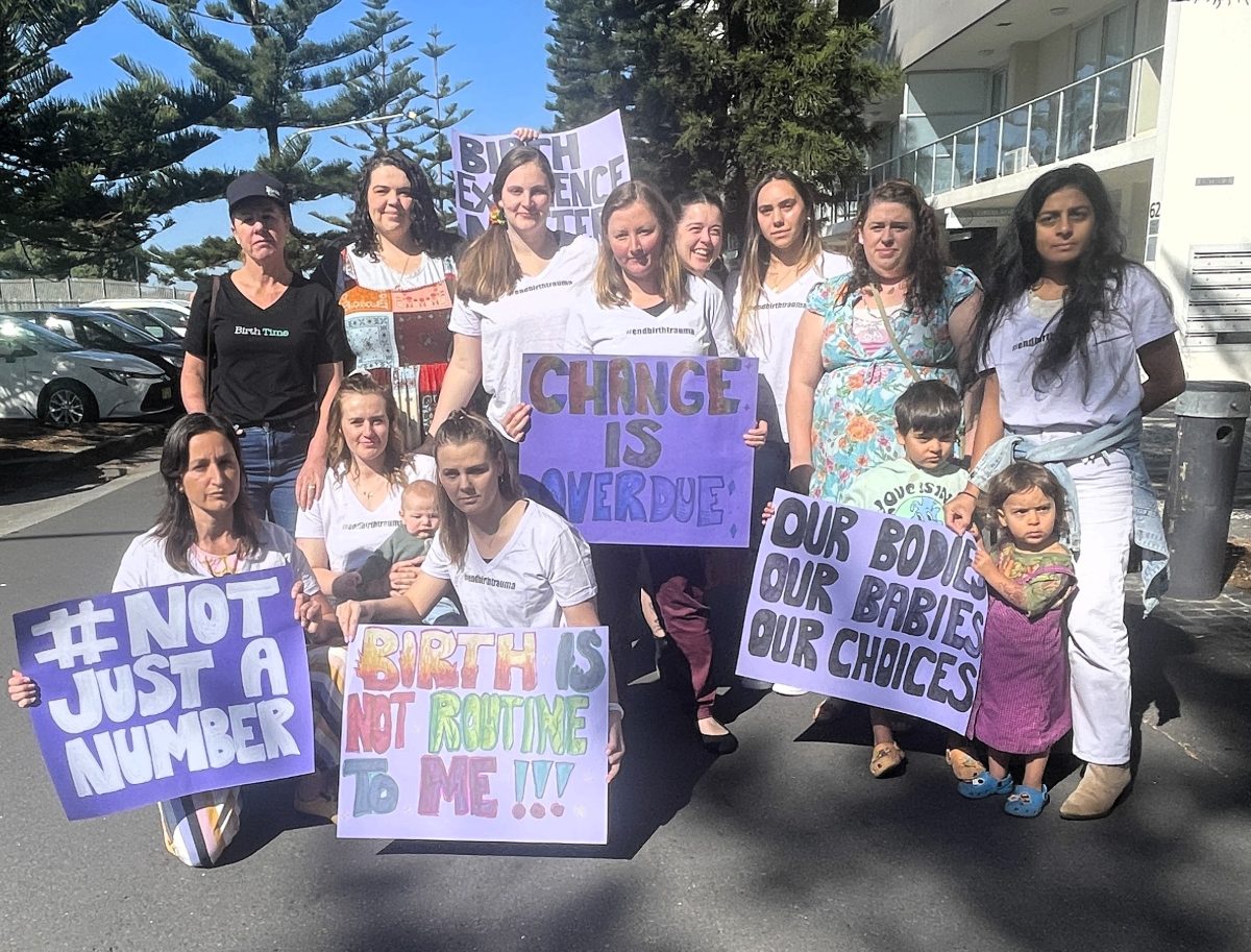 Better births Illawarra representatives with signs outside birth trauma inquiry in Wolongong.