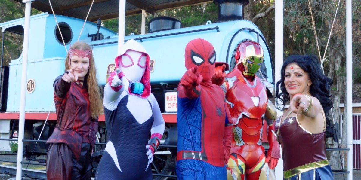 Spidey and his friends at the Illawarra Light Railway Museum where the scavenger hunt is being held. 