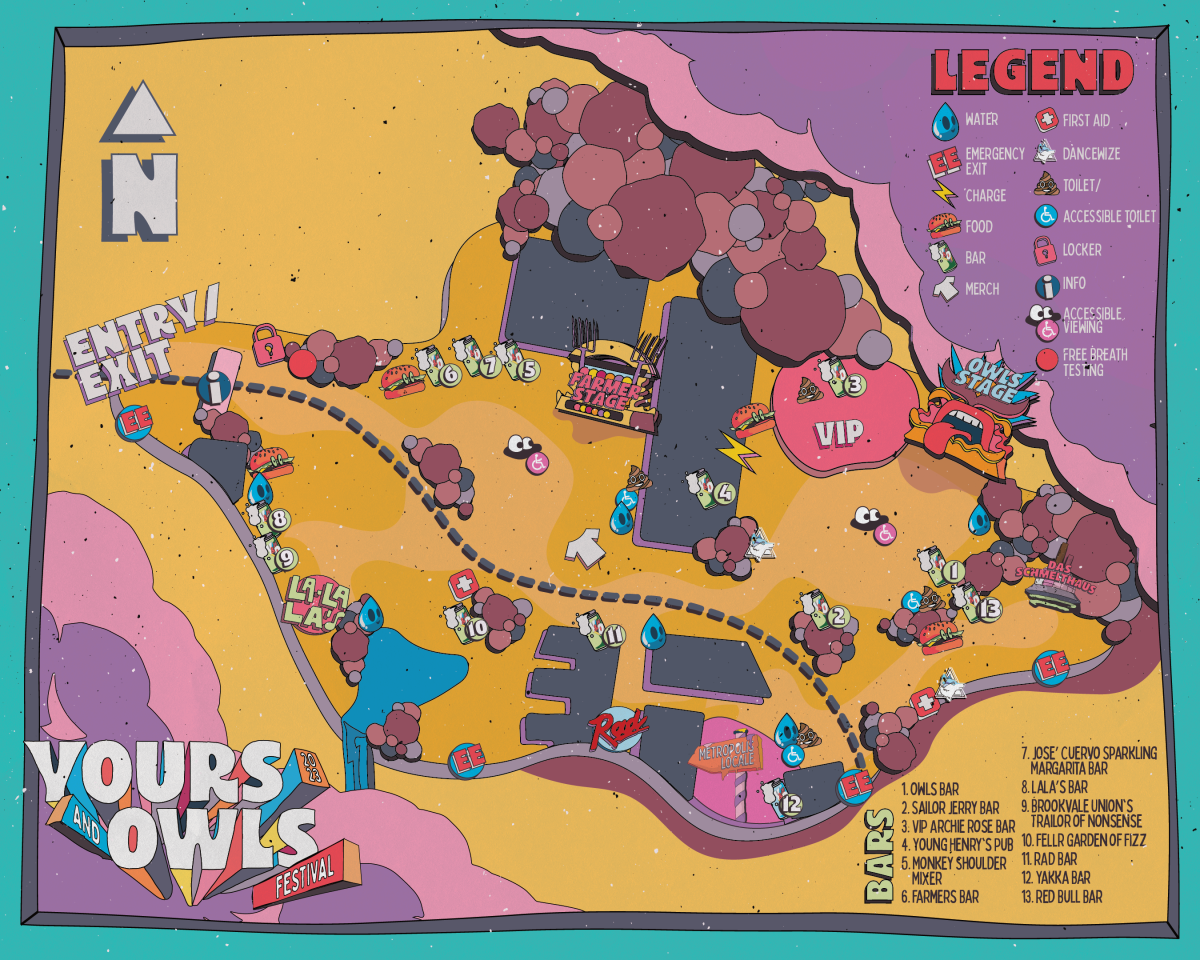 Yours and Owls map of festival grounds with five stages and key for toilets, food, water, bar, merch, metropolis locale and other installations planned for the festival. 