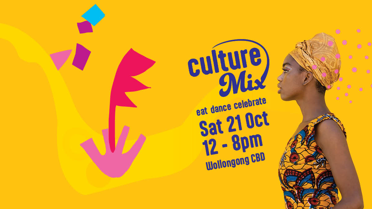 Banner for Culture Mix multicultural festival by Wollongong City Council featuring African woman in profile against a vibrant yellow background
