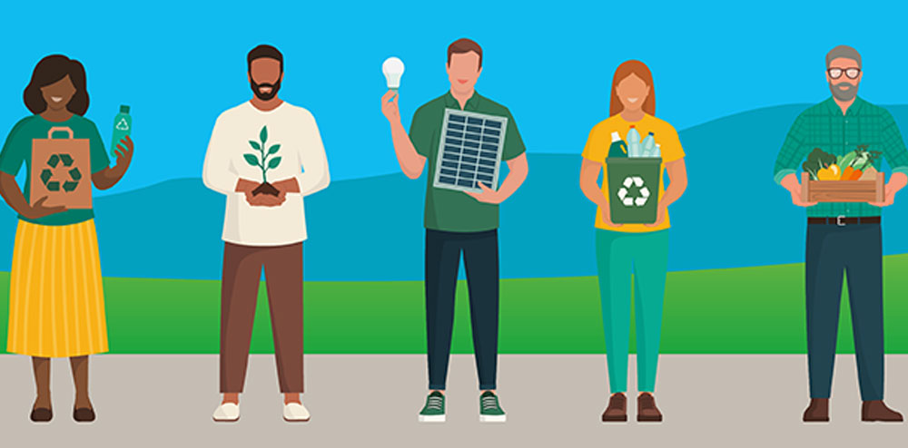 Colourful banner for Wollongong climate mitigation plan featuring stylised people holding various green initiative props