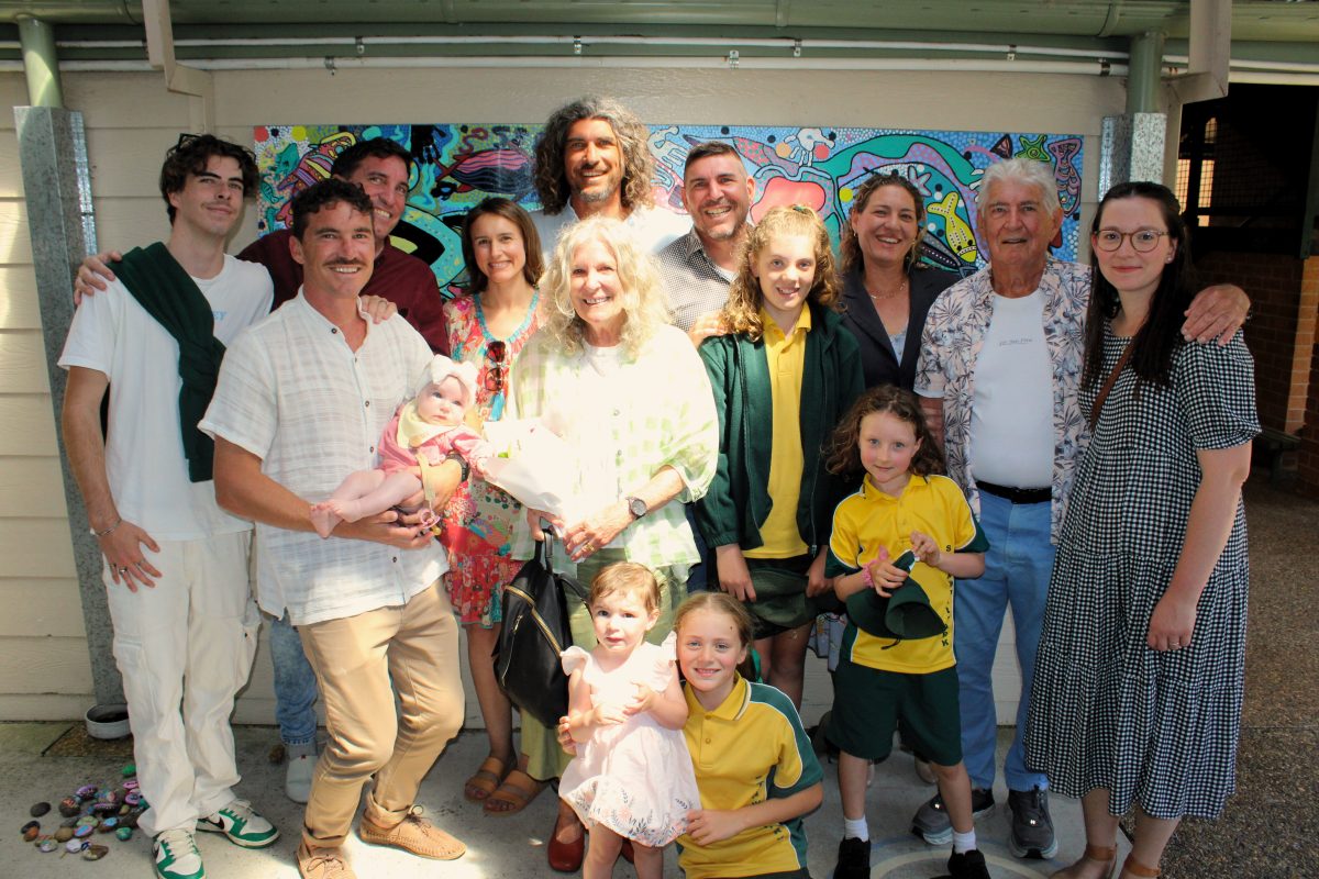 Lynn Bedwell with her extended family who travelled to Stanwell Park Public School for her retirement celebration. 