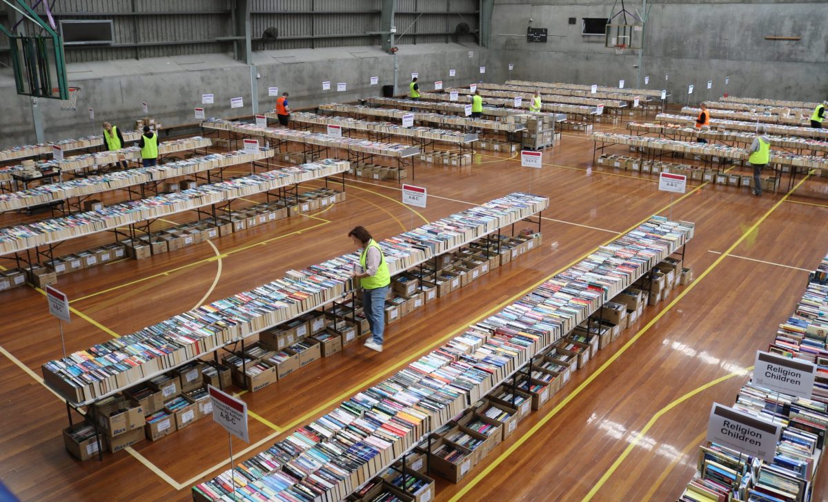 Books set out on tables for the Book Fair