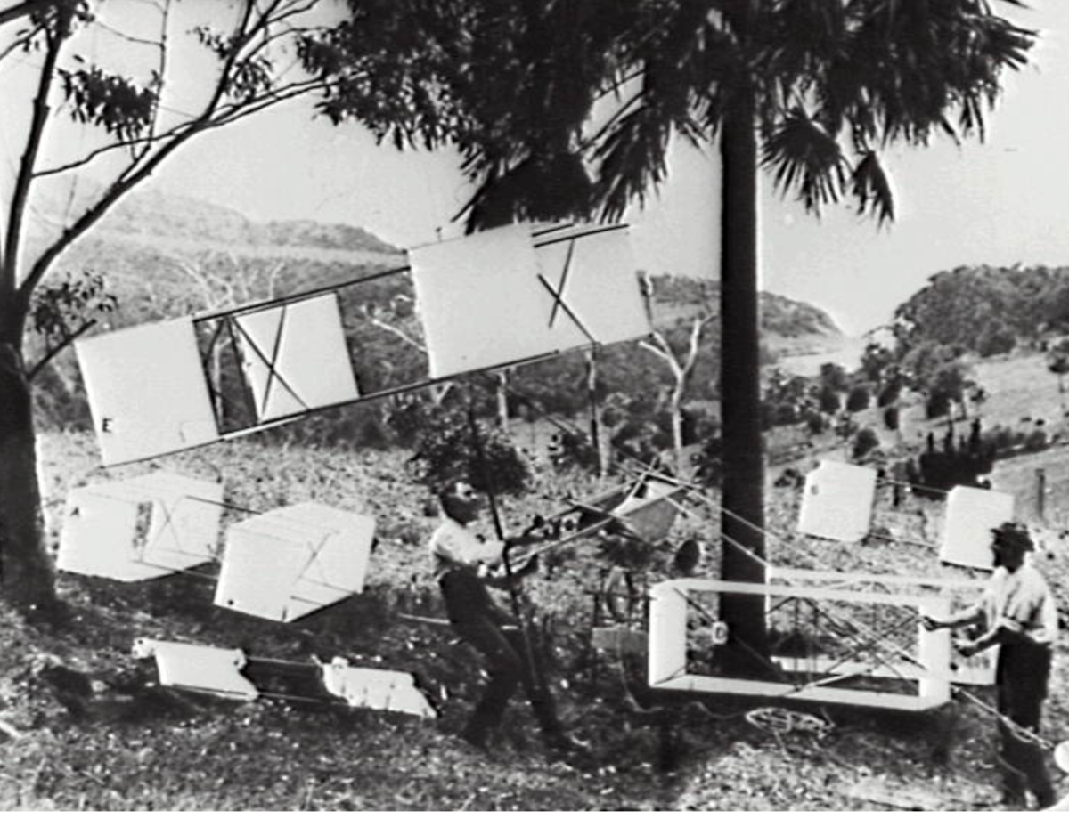 Lawrence Hargrave working on a box kite in about 1894