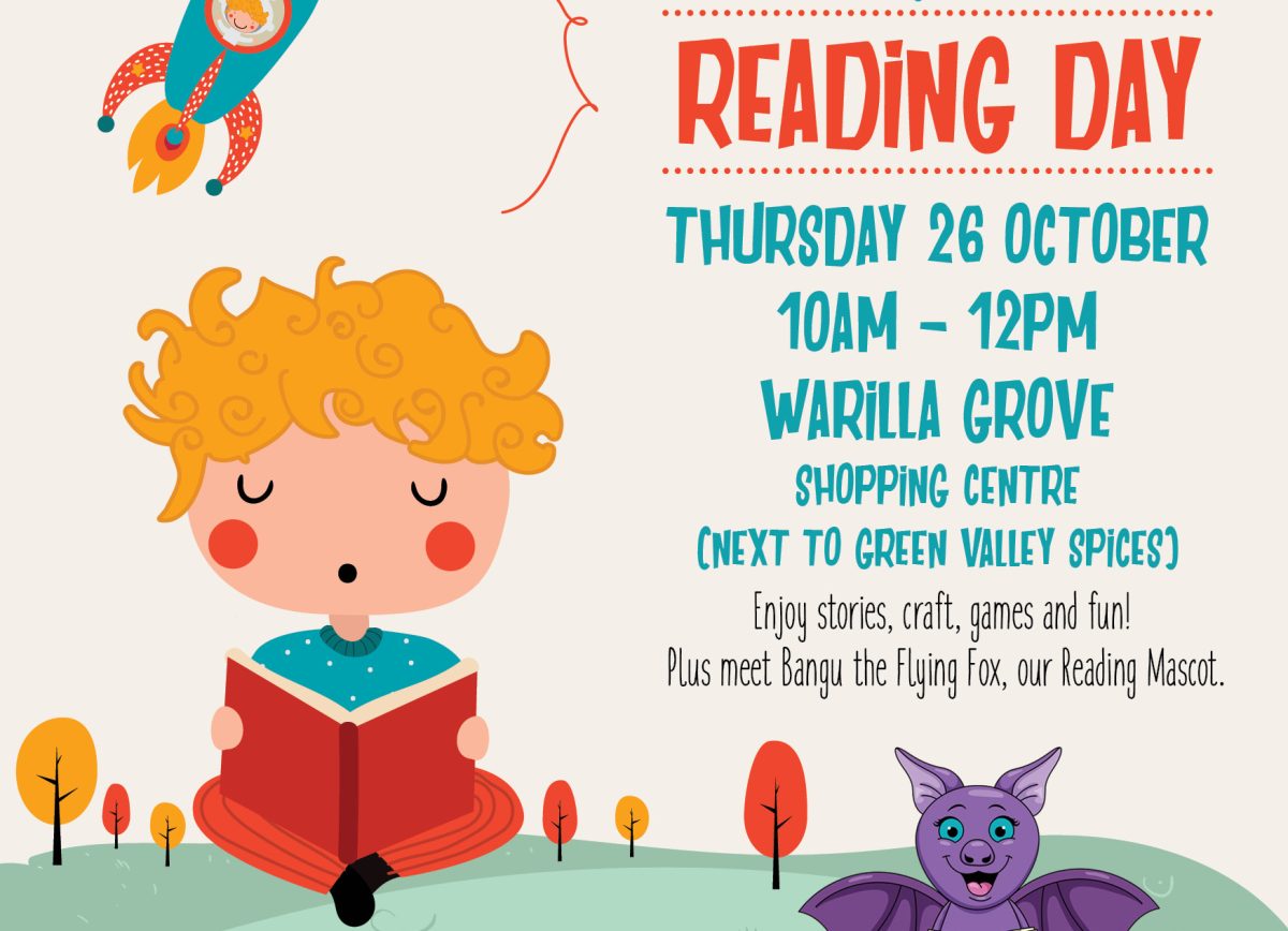 Flyer for Reading Day at Warilla Grove featuring an illustration of a child reading a book